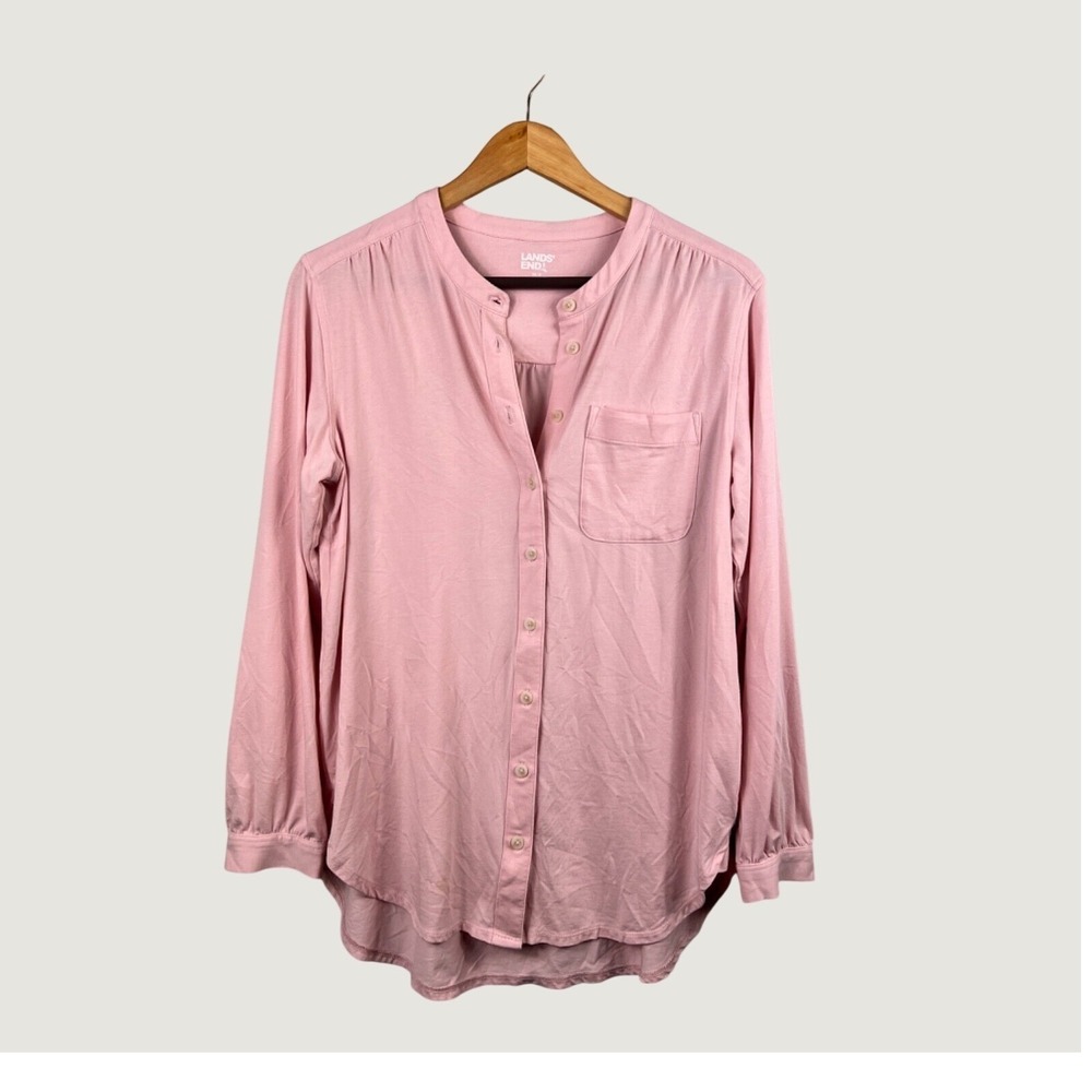 Lands End Shirt Womens XS Pink Button Down Jersey Knit Long Sleeve Pocket Blouse
